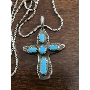 Vintage Sterling Turquoise Native American Signed Cross Pendant & 24” Chain 925